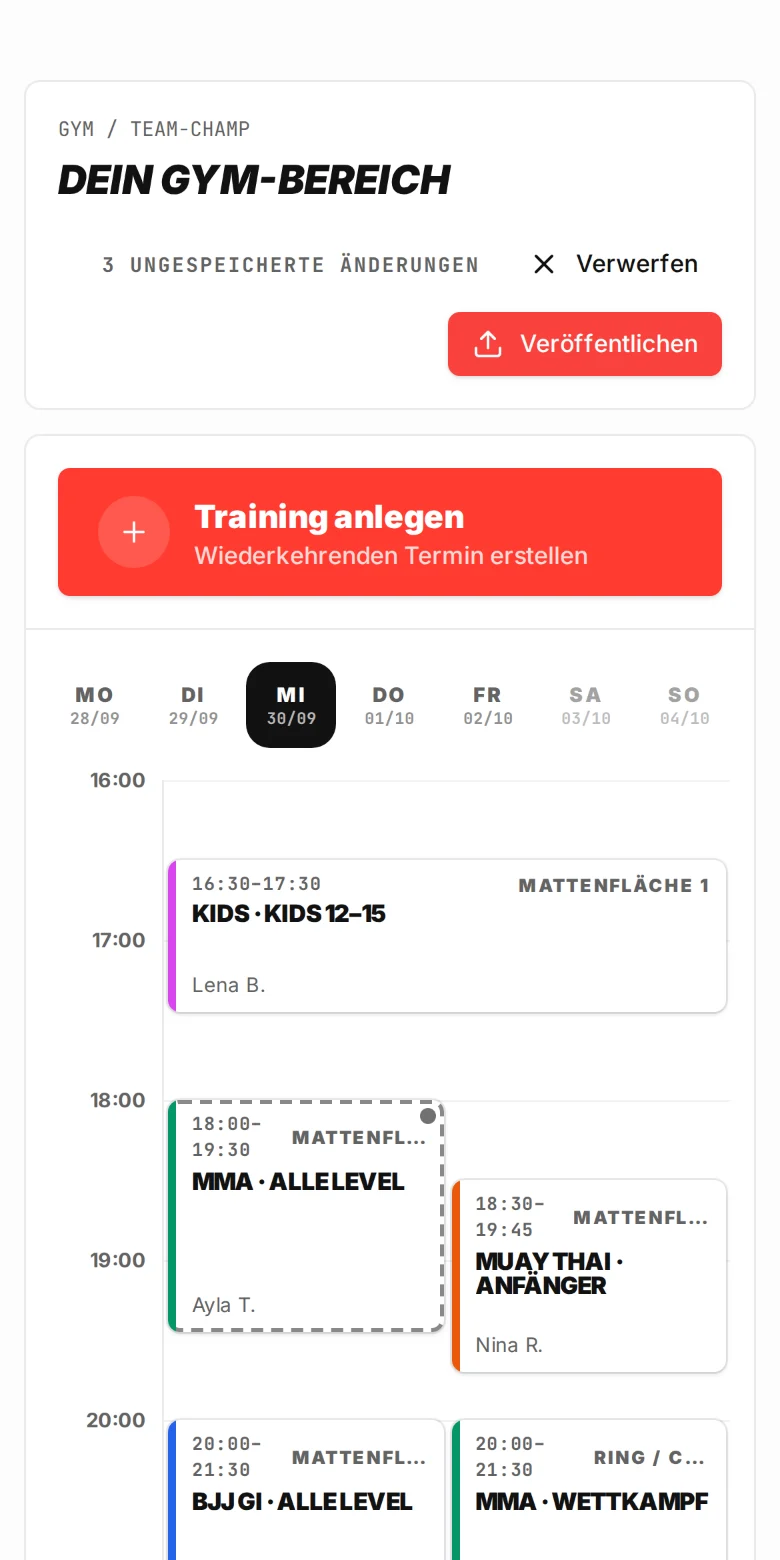 Gym-Bereich am Handy: Button „Veröffentlichen“, Button „Training anlegen“ und die Kurse vom Mittwoch im Kalender
