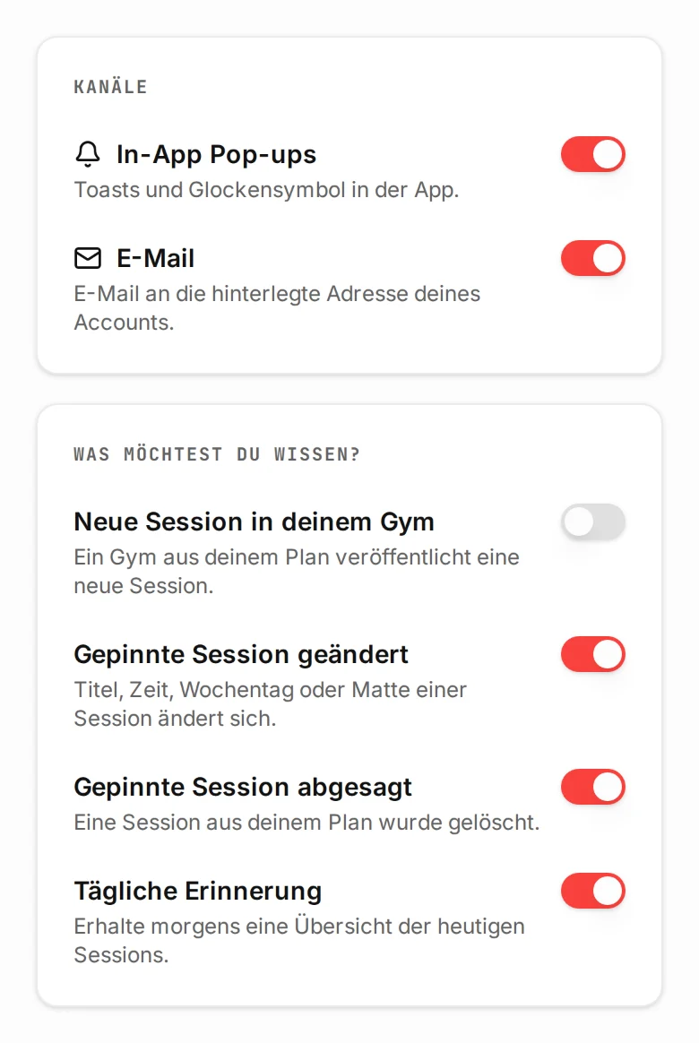 Einstellungen für Benachrichtigungen: In-App und E-Mail, Hinweise bei geänderten oder abgesagten Kursen und eine tägliche Erinnerung