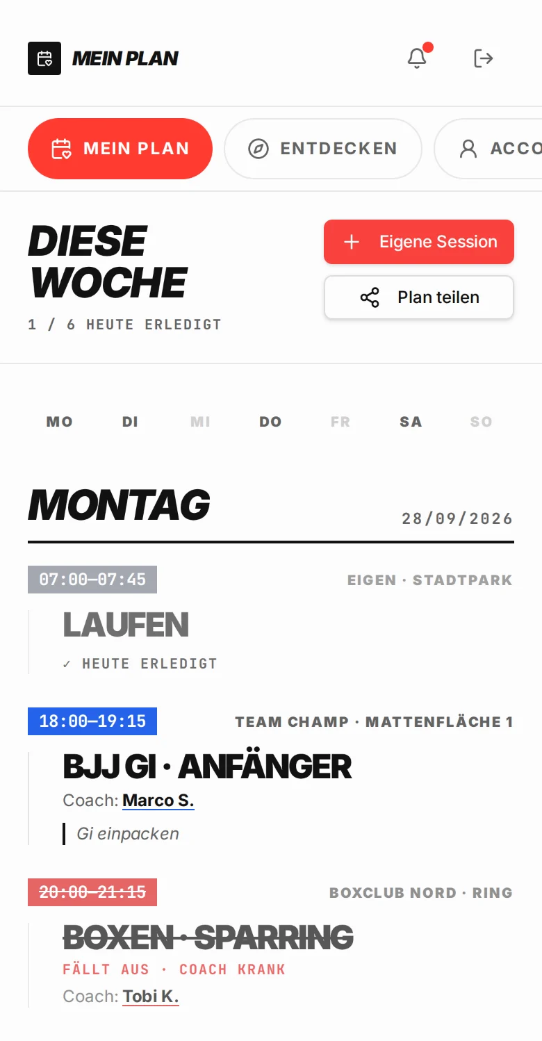 Mitglieder-Bereich „Mein Plan“ am Handy: Laufen als eigene Session, BJJ Gi bei Team Champ und ein abgesagtes Boxen-Sparring bei einem zweiten Gym