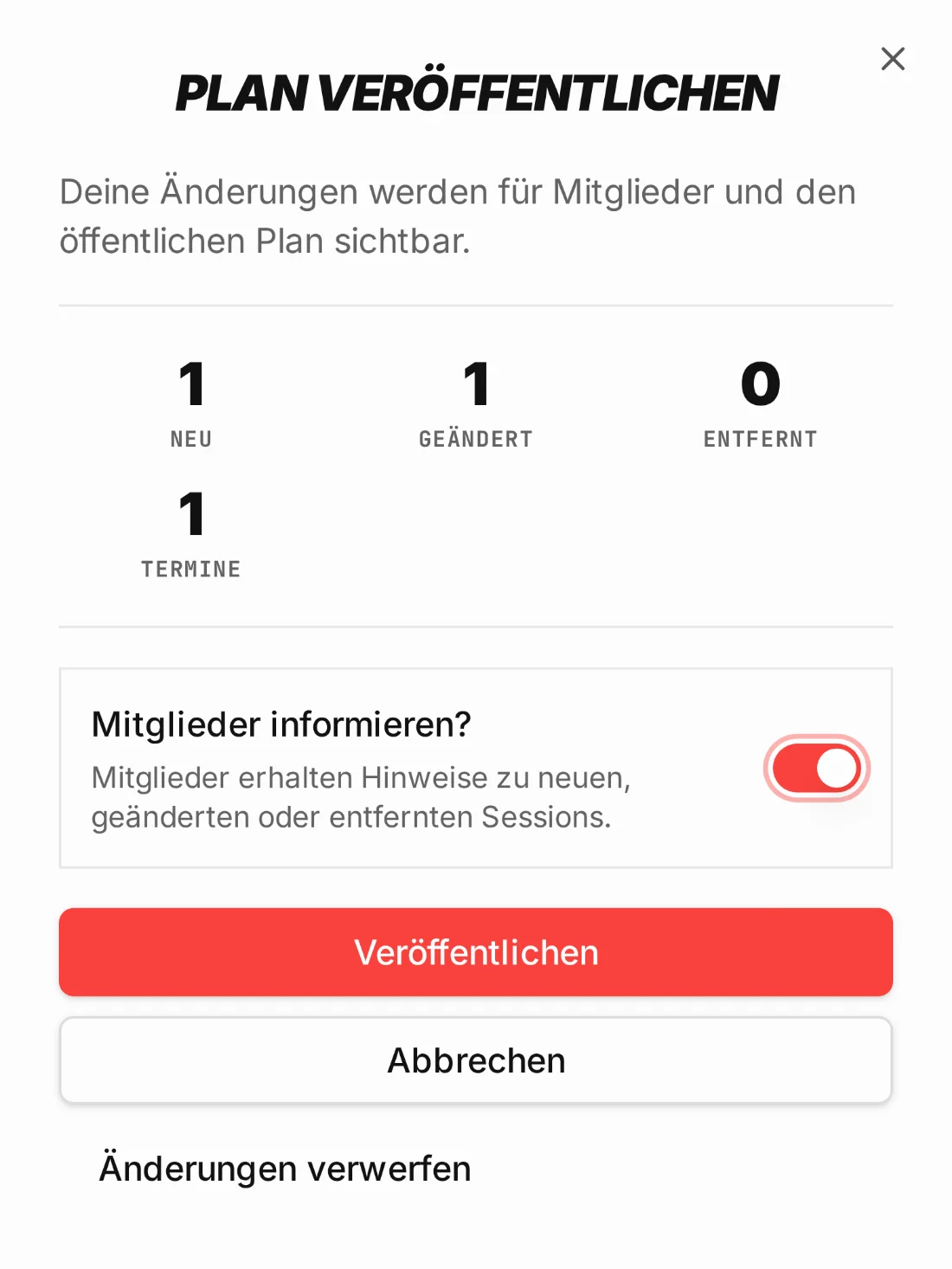 Dialog „Plan veröffentlichen“: 1 neuer, 1 geänderter Kurs, 1 Termin, Schalter „Mitglieder informieren?“