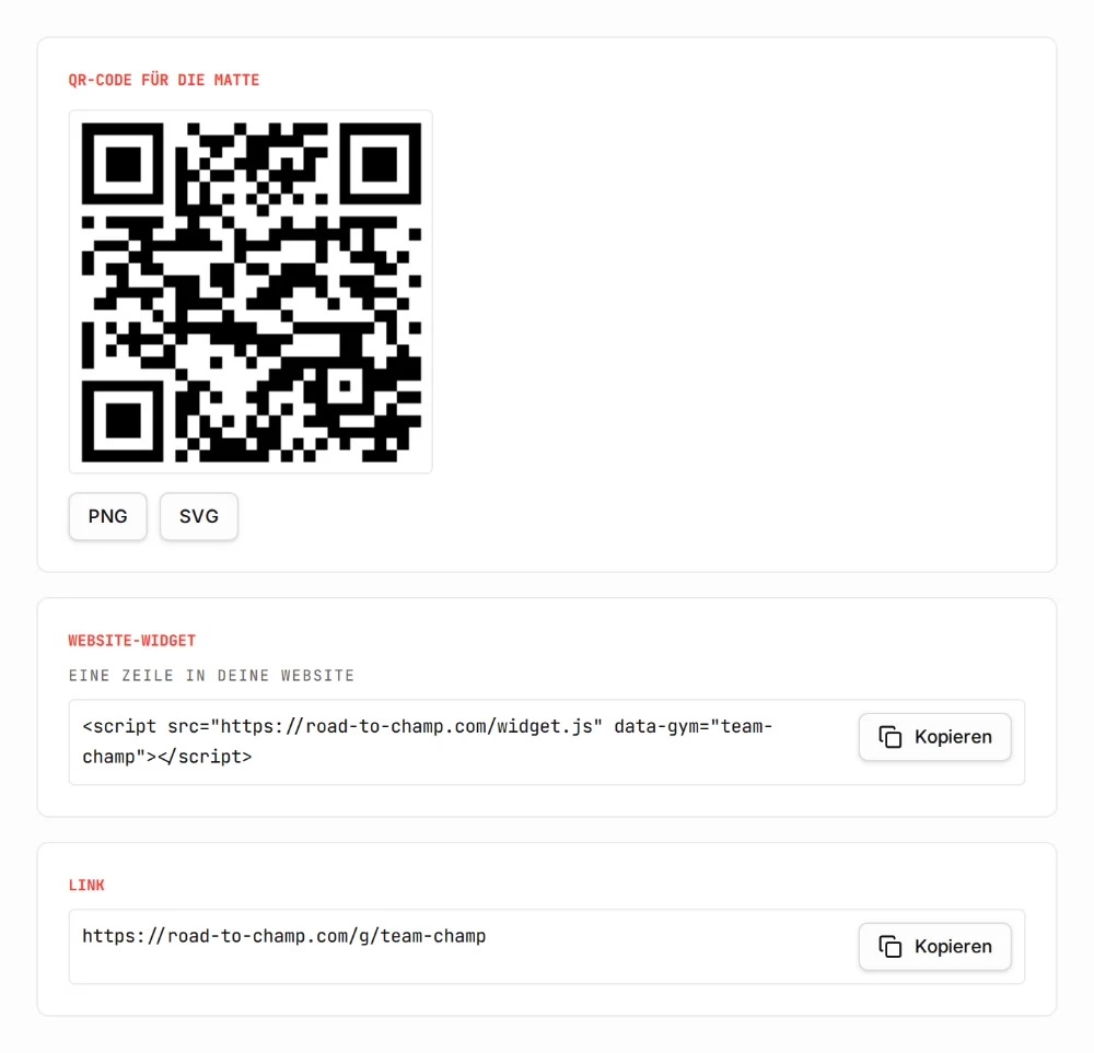Teilen-Bereich mit QR-Code für die Matte, einer Zeile Code für das Website-Widget und dem Plan-Link