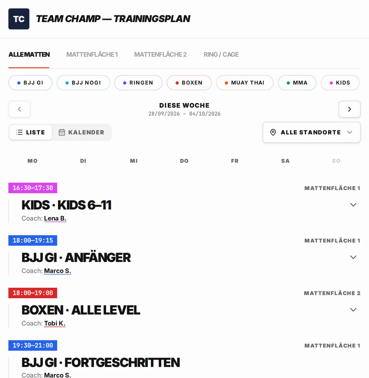 Kursplan-Widget von Team Champ: Filter nach Matte und Disziplin, Wochenwechsel und die Kurse vom Montag mit Zeit, Matte und Coach